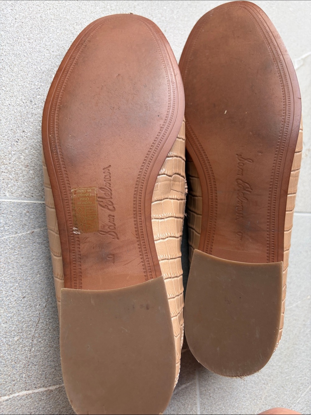 Sam Edelman Tan Croc-Embossed Loafers with Gold buckle. - Picture 2 of 7